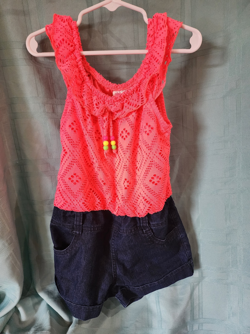 Little Girls 5/6 Bright Pink Eyelet Romper with Dark Denim Shorts